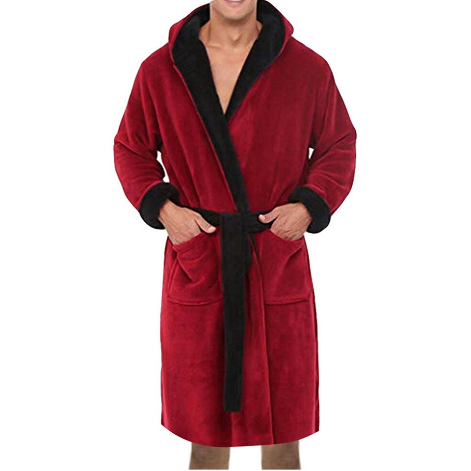 MENS SOFT&COZY LUXURY HOODED FLEECE DRESSING GOWN BATHROBE ROBE SIZES S