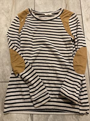 12PM By Mon Ami Women s Small Cream Black Striped Patch Sleeve Long Sleeve Top