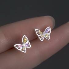 S925 Colorful Butterfly Solid Silver Stud Earrings Screw Ball Backs Rainbow Cute