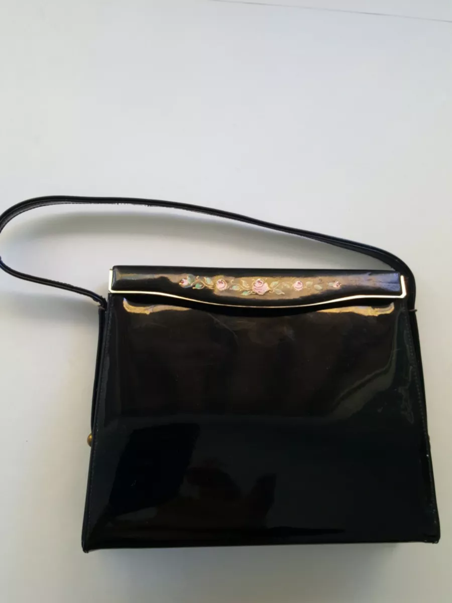 VTG ETRA Handbags Clasp Frame Single Compartment Purse Black Faux Patent Leather