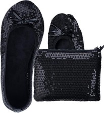 Women's Black Sequins Dance Ballet Flats Medium Foldable Portable Comfort Non-Sl