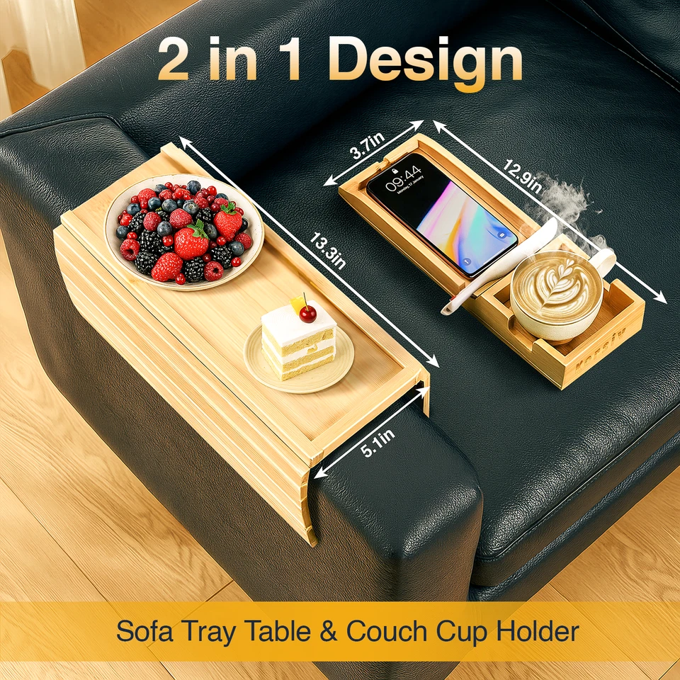 Bamboo Couch Cup Holder Tray | Sofa Arm Table & Side Table - Christmas gift - Image 3 of 4