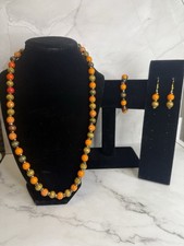 orange, brown  red beaded jewelry set handmade necklace, bracelet and earrings