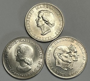 3X DENMARK SILVER, 2 KRONER ,   1958, 1960, 1964  * BU SILVER COINS * 3 COIN LOT