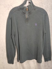 VTG Polo Ralph Lauren Navy Blue 1/4 Zip Cotton Sweater Purple Pony Men's Medium