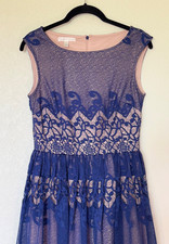 London Times Dress 4 Fit Flare Lace Illusion Nude Blue Romantic Date Night Party