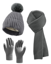 Winter Beanie Hat Scarf Gloves Set for Women, Fleece Knit One Size, Dark Grey