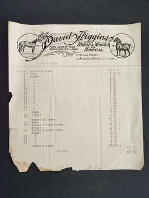 1919 antique DAVID HIGGINS meriden ct BILLHEAD horses wagons harness mil butter