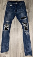 AMIRI Men s Size 36 Distressed Ripped Skinny Jeans Blue Denim Riri Zipper