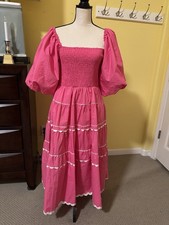 Pink tiered midi dress smocked bodice scalloped piping ric rac trim NWT Size S