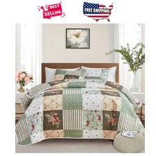 Patchwork Quilt Set Full Queen Green Floral Plaid 3 Piece Lightweight Microfiber