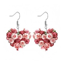 Valentine's Day Earrings for Women Romantic Heart Pink Roses Dangle Drop Earr...
