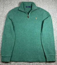 Polo Ralph Lauren 1/4 Zip Cotton Pullover Sweater Green Size Medium Orange Pony