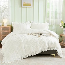 White Queen Comforter Set,Boho Ruffle Comforter for Queen Bed,Soft Seersucker...