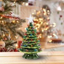 Pre-Lit Hand Painted Green Ceramic Christmas Tree Tabletop Decor with Lights 15"