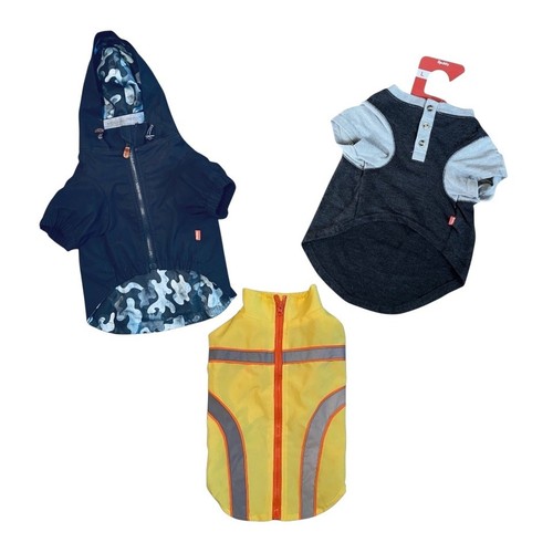 Dog Clothes Lot: Hooded Coat, Jersey Shirt, & Safety Vest Bundle Dog Rain Coat