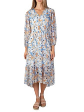 Joie Cottagecore Blue Sheer Chiffon Floral Balloon Sleeve Maxi Dress Womens XXL