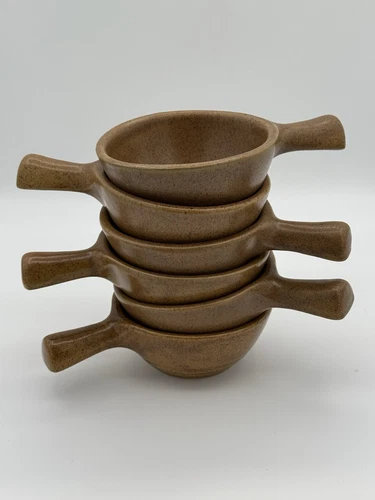 Set 6 Monmouth Pottery Maple Leaf USA Mojave Brown French Onion Soup Bowls EUC