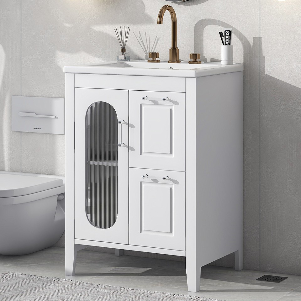 24'' Bathroom Vanity w/Ceramic Sink, 2 Drawers, Freestanding