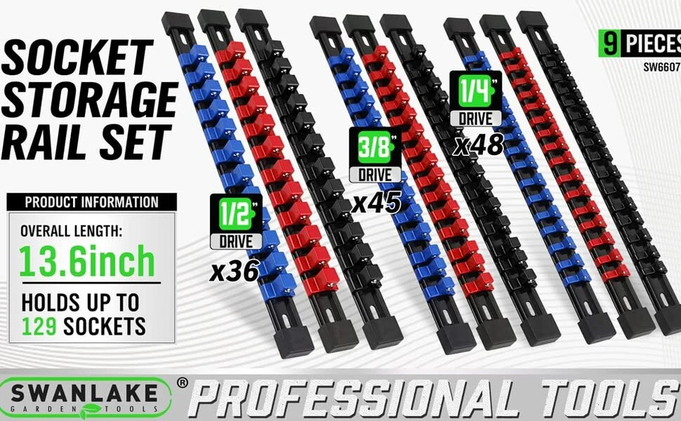 9PCS Socket Rail Storage Holder Organizer Tray Set 1/2" 3/8" 1/4" Wall Mount ABS - Image 2 of 4