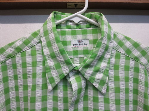 Vtg Homer Reed Green Gingham Check Seersucker Durable Press Poly/Cotton Shirt XL - Picture 2 of 12