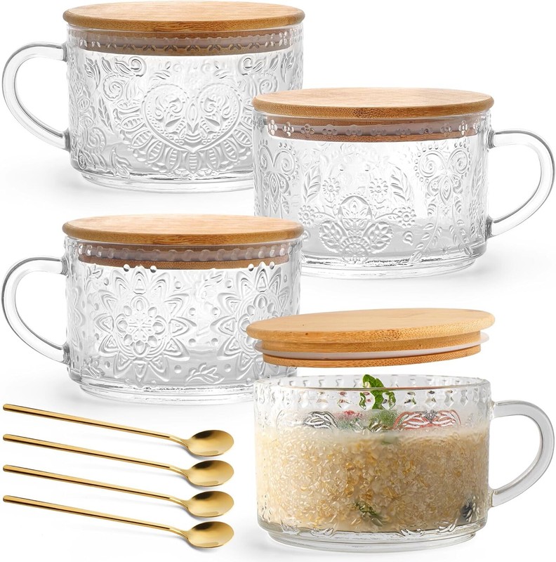 Overnight Oats Containers/Vintage Coffee Tea Cups 14oz w/bamboo lids & Spoon