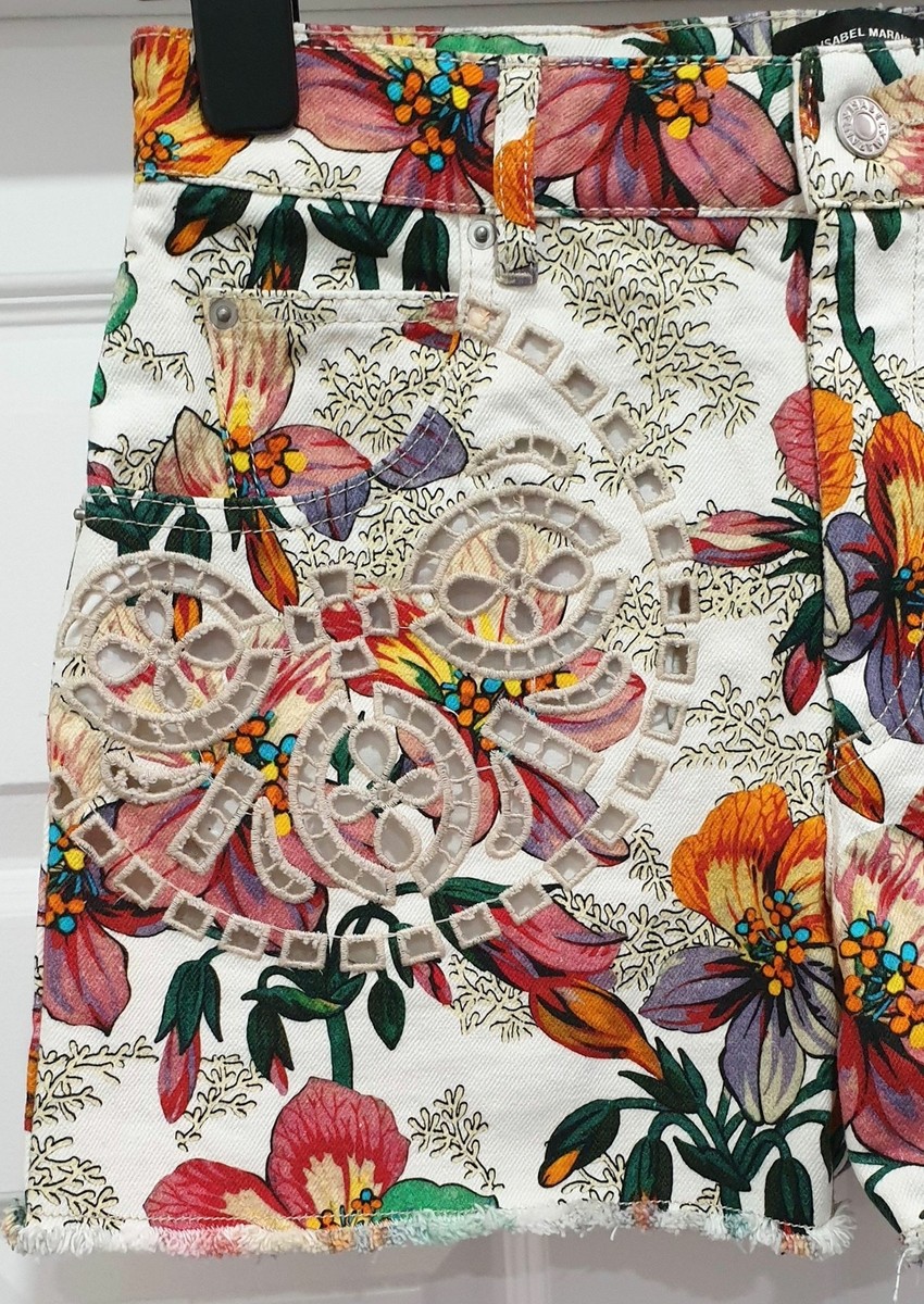 Short Jeans ISABEL MARANT Imprimé Floral Broderie Anglaise - Multicolore Coton - Taille UK 10