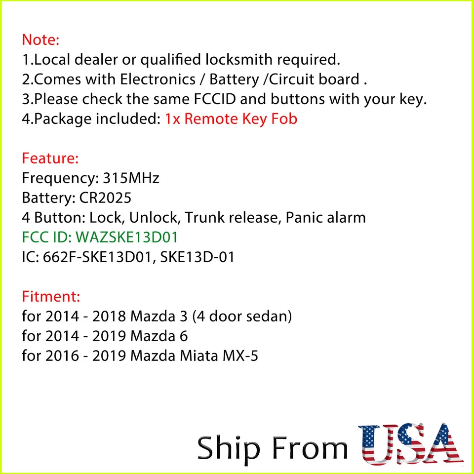 Mando a distancia para coche 2014 2015 2016 2017 2018 MAZDA 3 6 MIATA MX-5 WAZSKE13D01 Foto 2 de 4