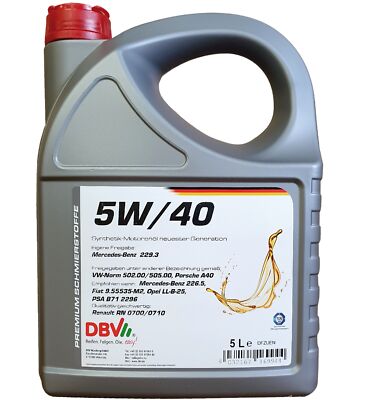 DBV 5W-40 Synthetik Motorenöl 5 Liter Motoröl synthetisch MB VW BMW Porsche
