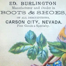 Scarce Carson City Victorian Adv Trade Card Ed Burlington Boots & Shoes