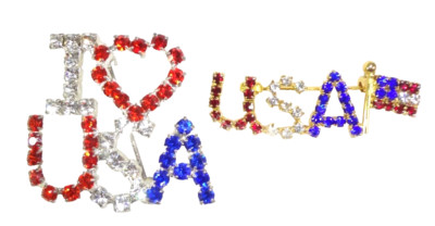 Lot of 2 Patriotic AMERICAN Brooch / Pins Sparkly Red Clear & Blue Rhinestones!