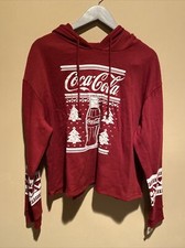 COCA-COLA Juniors Womens Long Sleeve Hoodie Crop Top Size 2X Red White
