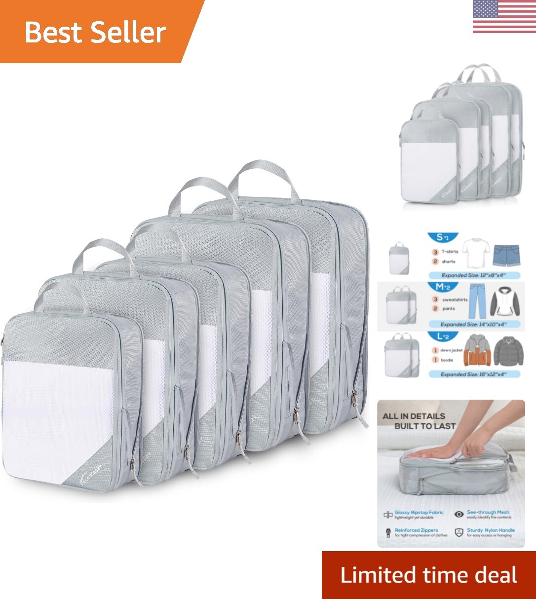 Travel Packing Cubes - 5 Set Organizers for Carry On Suitcases - Water Resistant-image