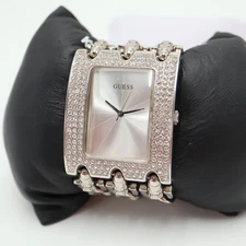 Guess Women's Large Rectangle Watch 39mm Jewel Bezel Silver Chain 5.5" Bracelet