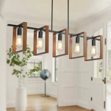 5-Light Farmhouse Chandelier Rustic Wood Black Metal Kitchen Island Pendant