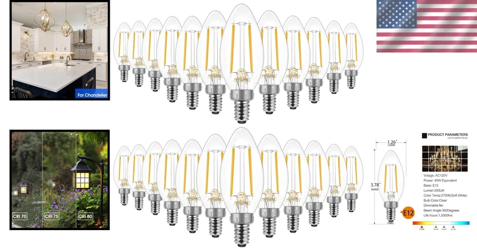 Energetic 3.5W E12 B10 Clear LED Bulbs - 40W Incandescent Equivalent, Pack of 24 - Image 2 of 4