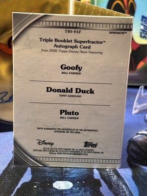 2026 Topps Disney Neon 1/1 Superfractor Triple Auto Booklet Donald
