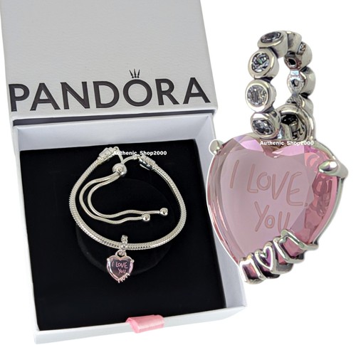 NEW 100% Authentic PANDORA I love You Mom Pink Heart Charm Bracelet Gift Set