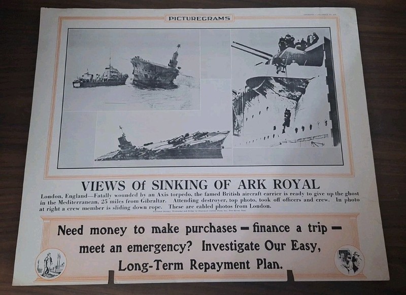 1941 WWII Aircraft Carrier HMS Ark Royal Sinking News Photo Poster Original 