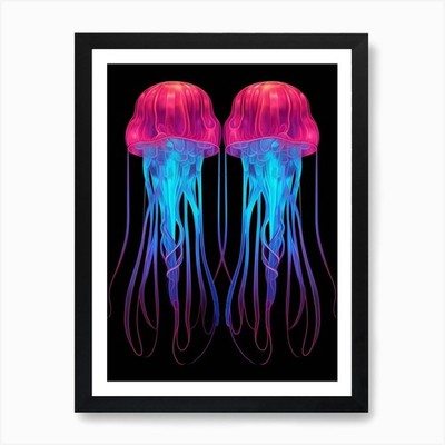Upside Down Jellyfish Neon Illustra Framed Wall Art Poster Canvas Print Picture