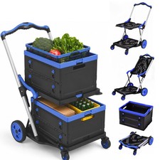 Folding Grocery Cart on Wheels Portable 2 Tier Rolling Cart, 2 Cargo Box