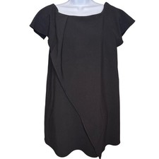 Halston Heritage Black Cap Sleeve Draped Sheath Dress Size 0 LBD Minimalist