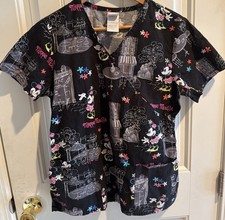 Women s Scrubs Size S Minnie Mouse Disney Top Black Cafe Art Drawing