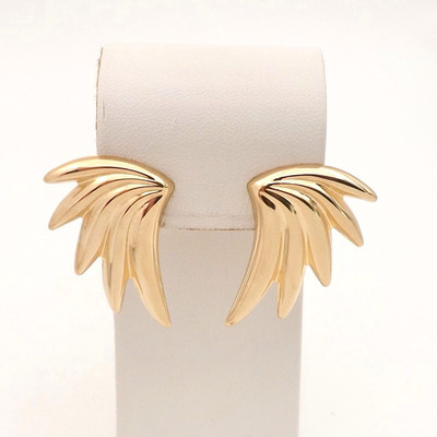 Solid 14k Gold Fan Feathers Stud Drop Earrings Angel Wings New