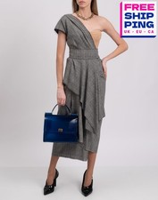 RRP €2550 DOLCE & GABBANA One Shoulder Dress IT36 US0 2XS Wool Blend Plaid