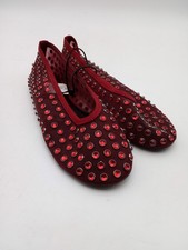 M&S Women's Shoes Red Mesh Silver Diamante Round Toe Slip On Ballet Flat New