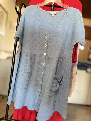 ee:some Blue Short Shift Dress V-Neck Button Front Pockets Short Sleeve S