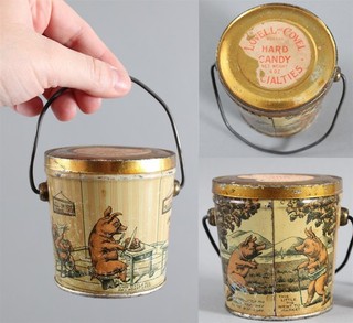 Antique 1920s Lovell Covel Candy Little Pig Nursery Rhyme Lithograph Tin Pail