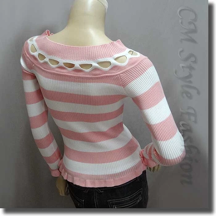 Top A Rayas Escote Ancho Peekaboo Elástico Acanalado Rosa Blanco XS~S Foto 4 de 4