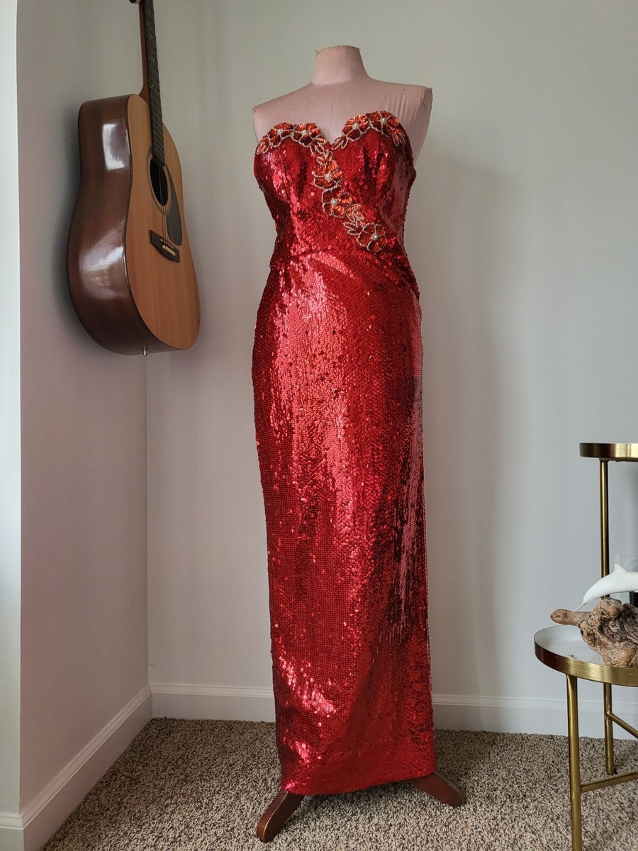 Vintage Alyce Designs RUBY SLIPPERS RED Sequin Dress Strapless